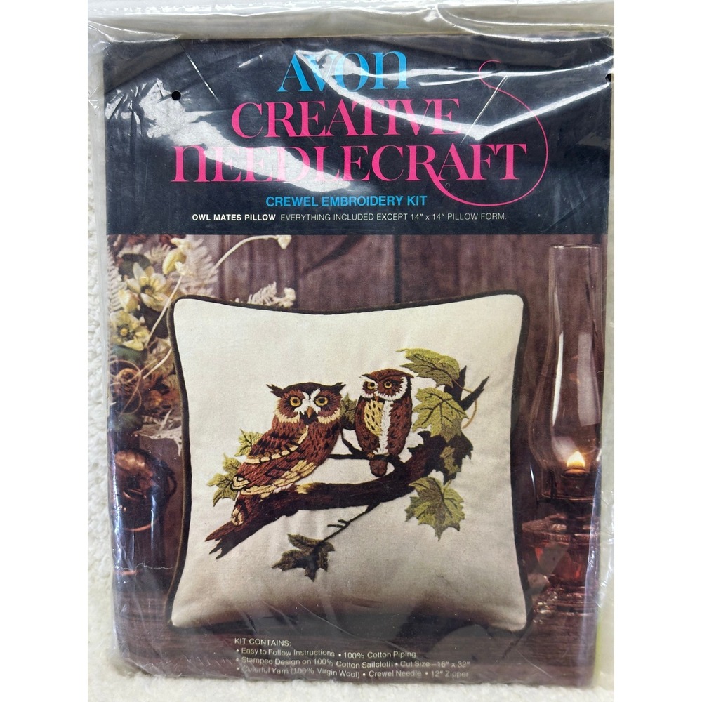 Avon Crewel Embroidery Kit Owl Mates Pillow Vintage 1973 Stamped Cotton Wool